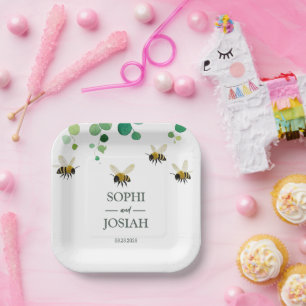 Assiettes En Carton Elégante florale abeille aime mariage naturel