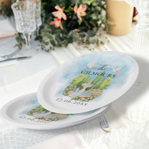 Assiettes En Carton Elégante Fontaine fleurs colombes Mariage Luxe