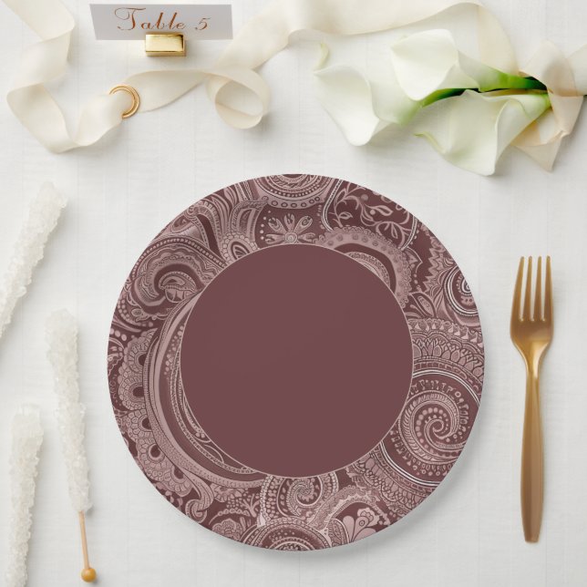 Assiettes En Carton Elégante frontière Maroon Paisley (Mariage)