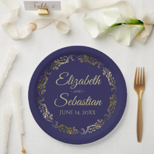 Assiettes En Carton Elégante frontière Ornate Marine Mariage bleu & or