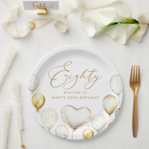 Assiettes En Carton Elégante Gold Balloon 80e fête d'anniversaire
