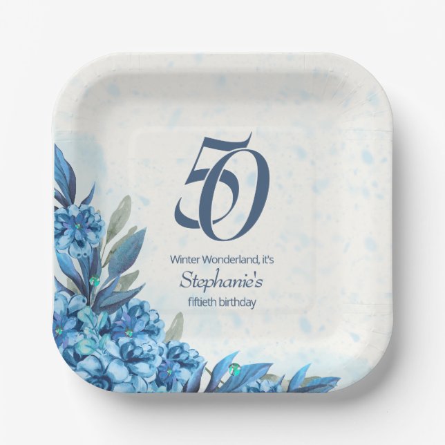 Assiettes En Carton Elégante hiver Fleurs Bleues Bleues 50e anniversai (Recto)