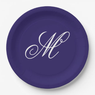Assiettes En Carton Élégante initiale de monogramme bleu marine 
