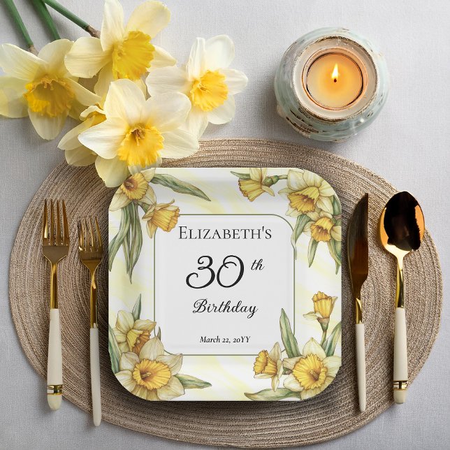 Assiettes En Carton Élégante jonquille jaune 30e anniversaire floral (Elegant Yellow Daffodils Floral 30th Birthday Party Square Paper Plates)