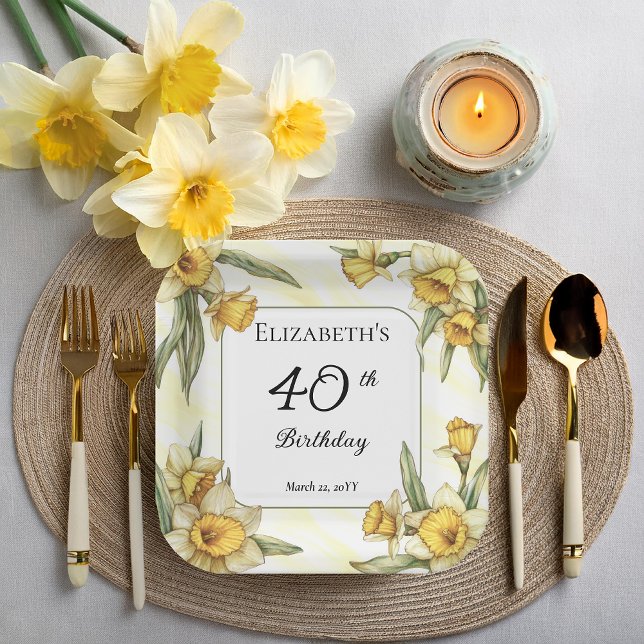 Assiettes En Carton Élégante jonquille jaune 40e anniversaire floral (Elegant Yellow Daffodils Floral 40th Birthday Party Square Paper Plates)