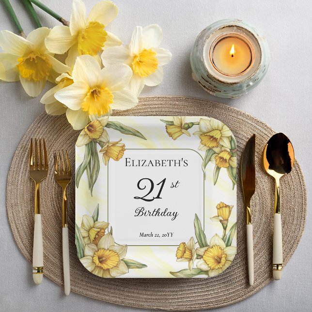 Assiettes En Carton Élégante jonquille jaune Floral 21e anniversaire (Elegant Yellow Daffodils Floral 21st Birthday Party Square Paper Plates)