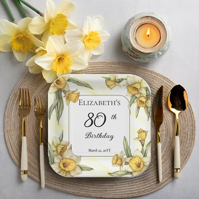 Assiettes En Carton Élégante jonquille jaune Floral 80e anniversaire (Elegant Yellow Daffodils Floral 80th Birthday Party Square Paper Plates)