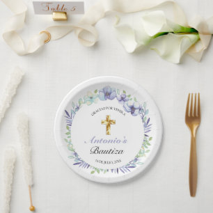 Assiettes En Carton Elegante Lavanda Cruz De Oro Bautizo