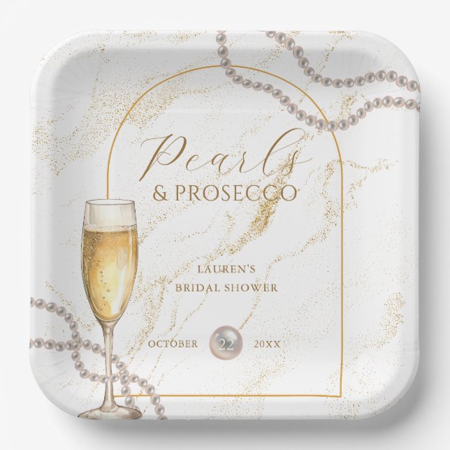 Assiettes En Carton Élégante Luxe Perles et Prosecco Fête de Mariée (Recto)