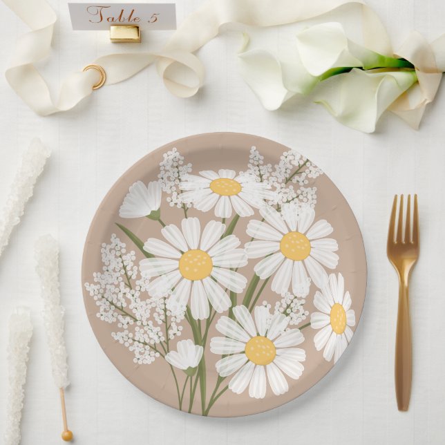 Assiettes En Carton Elégante marguerite florale blanche sur beige (Mariage)