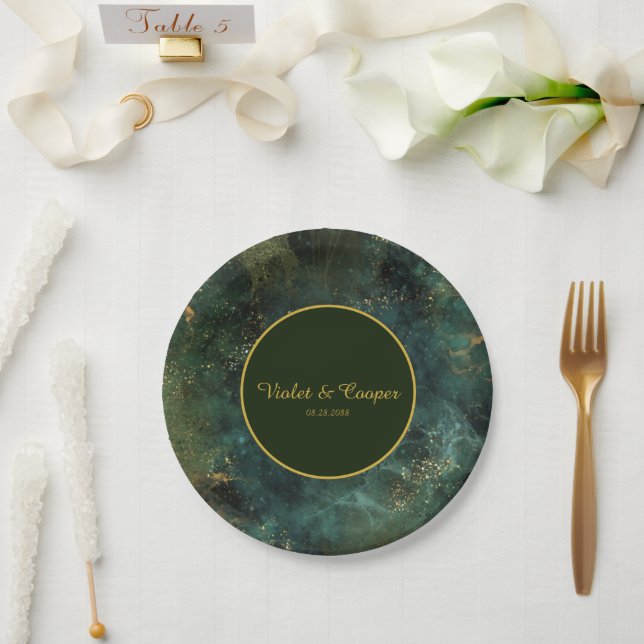 Assiettes En Carton Élégante Mariage Emerald Green et Gold Flecks (Mariage)
