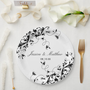 Assiettes En Carton Elégante Mariage noir & blanc