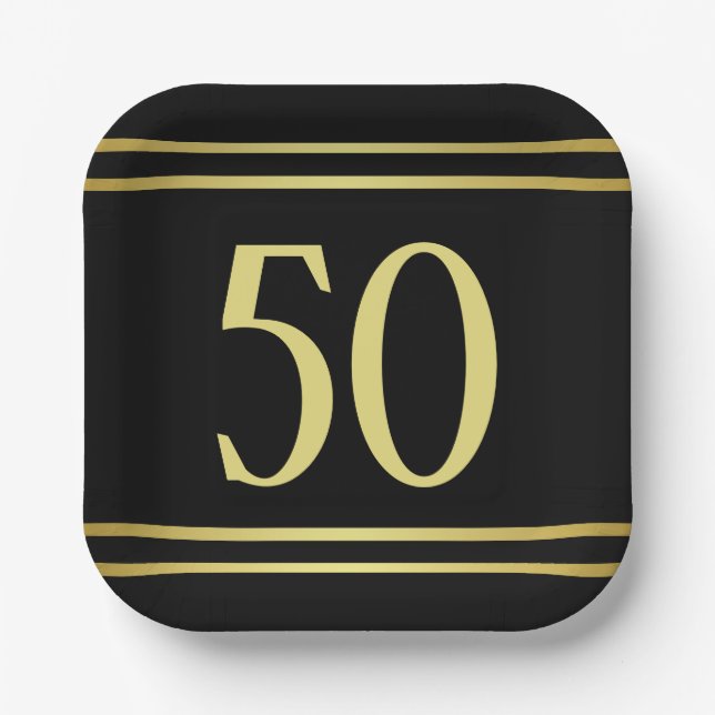 Assiettes En Carton Elégante Masculine Or & Noir Anniversaire (Recto)