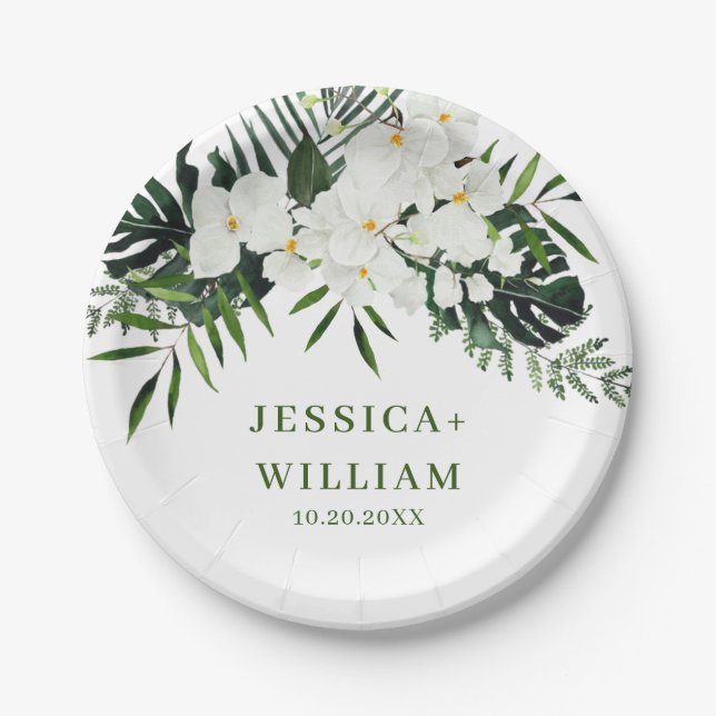 Assiettes En Carton Elégante Orchidées Blanches Mariage floral bohème (Devant)