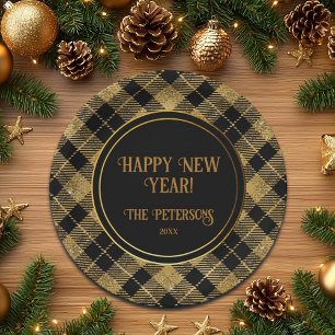 Assiettes En Carton Elégante Parties scintillant Tartan Black Gold