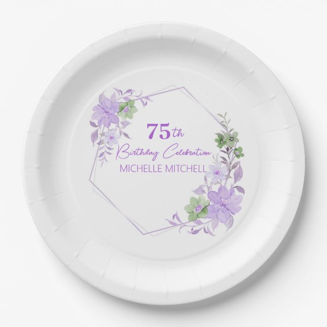 Assiettes En Carton Élégante Personnalisation 75e Anniversaire Lavande (Devant)