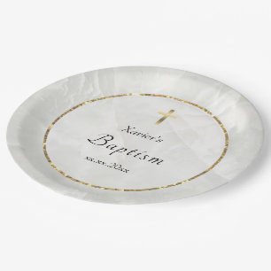 Assiettes En Carton élégante pierre blanche en marbre Baptême