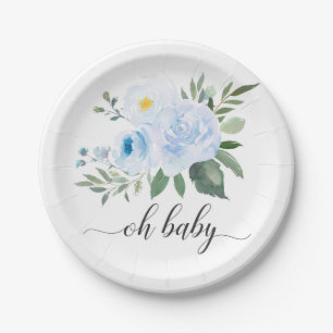Assiettes En Carton Élégante plaque de Baby shower Oh Floral Bleu