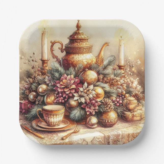 Assiettes En Carton Élégante plaque de papier de Noël en théière d'or  (Recto)