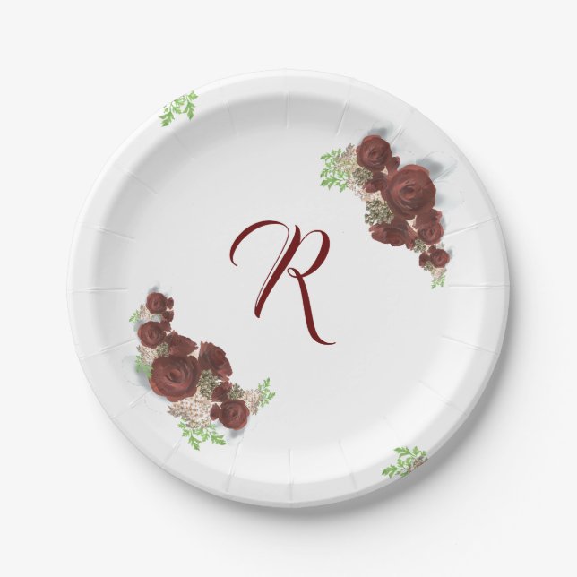 Assiettes En Carton Élégante plaque de papier Rose monogramme Bourgogn (Devant)