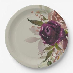 Assiettes En Carton Élégante Plum violet vert et Mariage floral or