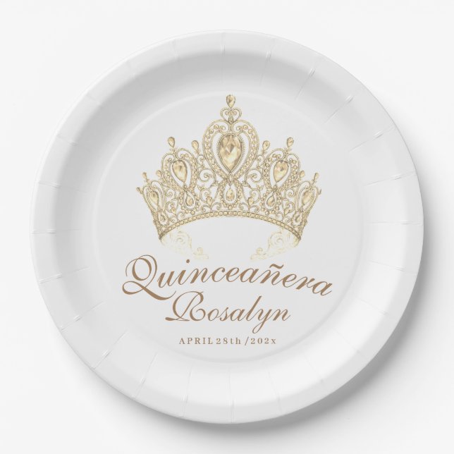 Assiettes En Carton Élégante princesse chic or Couronne (Devant)
