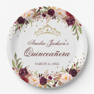 Assiettes En Carton Elégante Quinceanera Florale Bourgogne Or