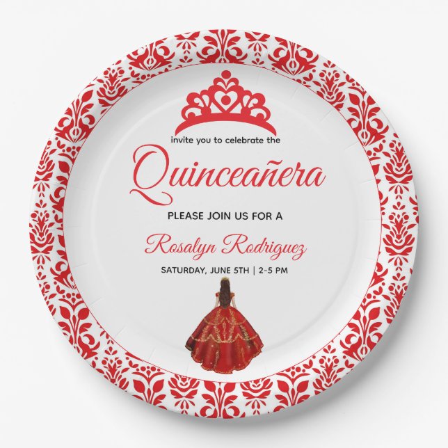 Assiettes En Carton Elégante Quinceañera royale rouge (Devant)