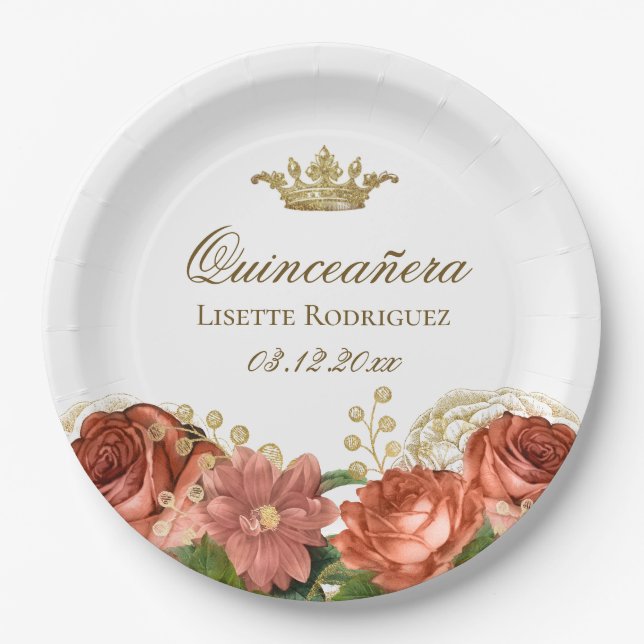 Assiettes En Carton Elégante Quinceanera Tiara Floral (Devant)