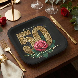 Assiettes En Carton Elégante Rose Fleurale Rouge Or Noir 50e Anniversa