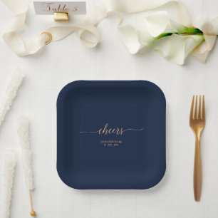 Assiettes En Carton Élégante Rose gold & Bleu marine Soirée festive