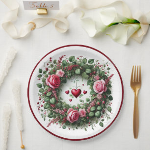 Assiettes En Carton Élégante Rose Rose Wreath Red Hearts Plaque en pap