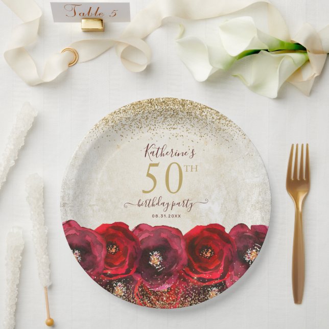 Assiettes En Carton Élégante Rose rouge Floral Gold 50e fête d'anniver (Mariage)