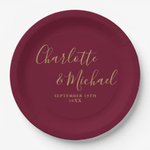 Assiettes En Carton Élégante signature de mariage bordeaux et or