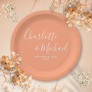 Assiettes En Carton Élégante Signature Script Mariage pêche