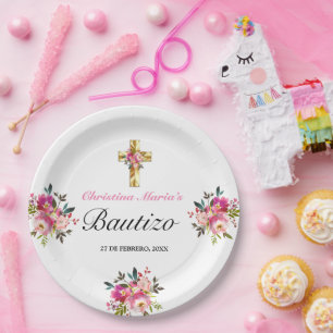 Assiettes En Carton Elegante Tinta Floral Bautizo Cruz De Oro