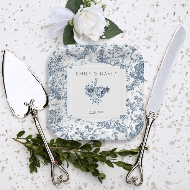 Assiettes En Carton Élégante toile Florale Bleue Française Gravée (Créateur téléchargé)