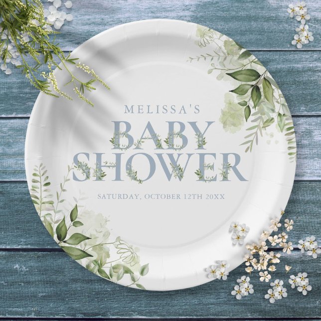 Assiettes En Carton Elégante verdure Baby shower bleu Dusty (Elegant Greenery Dusty Blue Baby Shower Paper Plates)