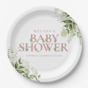Assiettes En Carton Elégante verdure Dusty Rose Baby shower fille