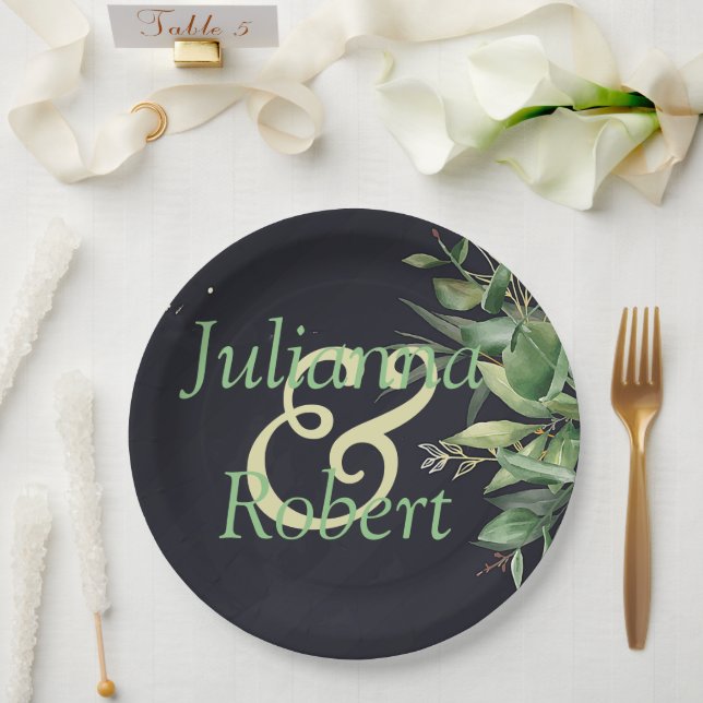 Assiettes En Carton Élégante verdure sur plaques en papier noir (Mariage)