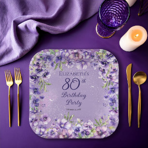 Assiettes En Carton Élégante Violette violette Florale 80e fête d'anni