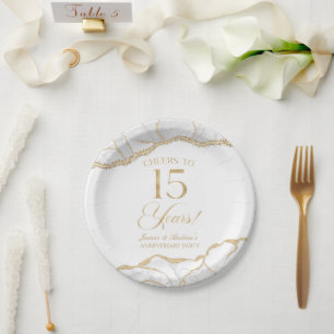 Assiettes En Carton Élégante White Gold Agate 15e anniversaire fête
