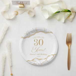 Assiettes En Carton Elégante White Gold Agate 30e fête d'anniversaire