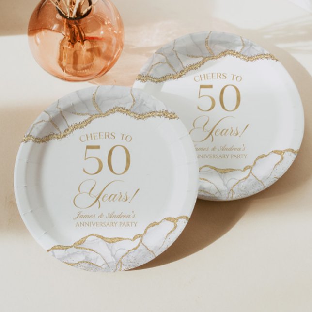 Assiettes En Carton Elégante White Gold Agate 50e Anniversaire Party (Créateur téléchargé)