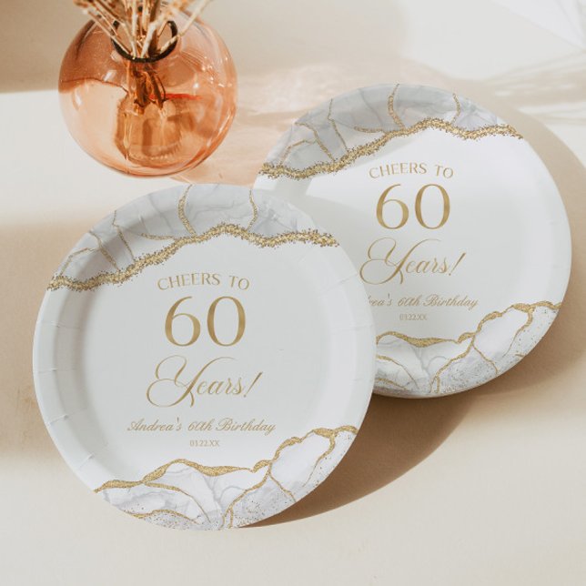 Assiettes En Carton Elégante White Gold Agate 60e fête d'anniversaire (Créateur téléchargé)