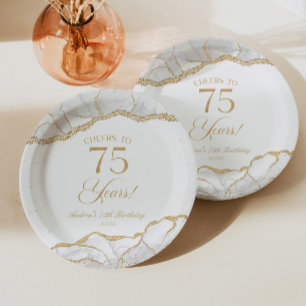 Assiettes En Carton Elégante White Gold Agate 75e fête d'anniversaire