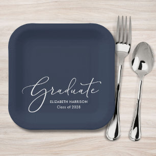 Assiettes En Carton Élégante White Script Blue Graduation Party