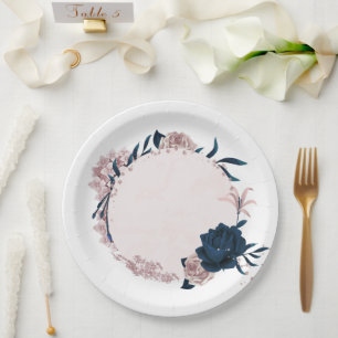 Assiettes En Carton élégantes fleurs de navy et rose poudrée botanique