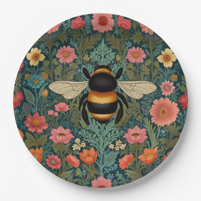 Assiettes En Carton Élégantes florales de printemps bohèmes rétro abei (Devant)