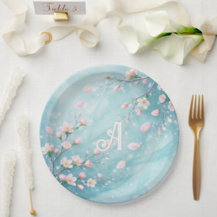 Assiettes En Carton Élégantes Initiales Fleur de Cerisier Turquoise Ro
